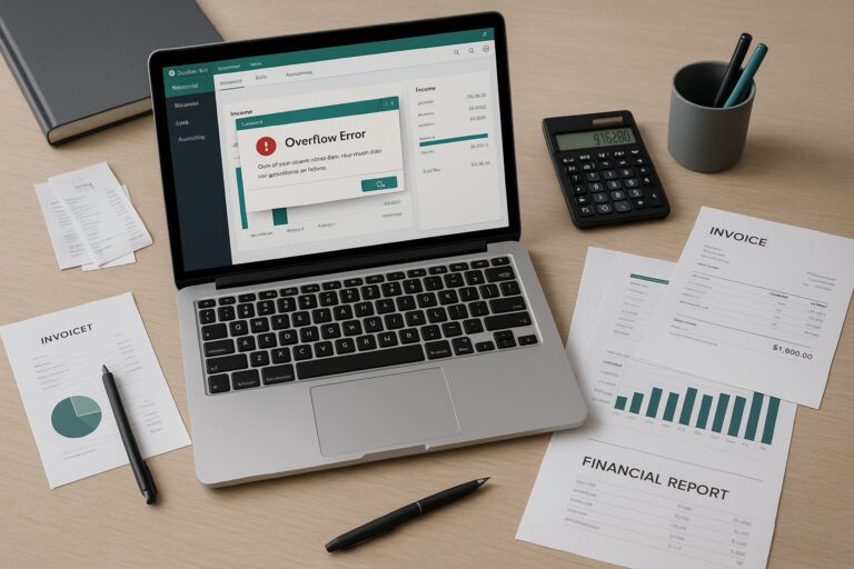 Accountant reviewing QuickBooks Desktop on a computer screen with an overflow error message visible