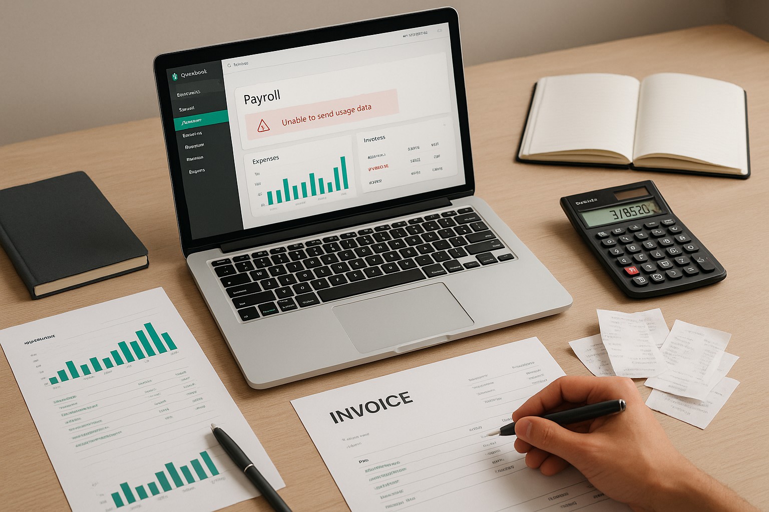Accountant troubleshooting payroll error on QuickBooks dashboard for small business finances