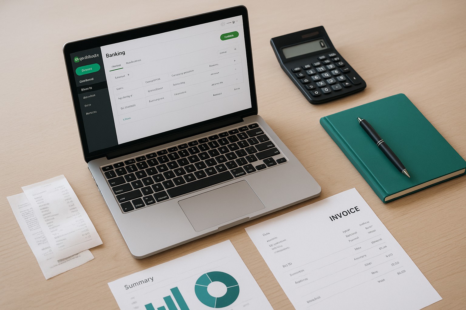 Accountant troubleshooting QuickBooks banking error 109 on a laptop with financial documents and QuickBooks software on screen