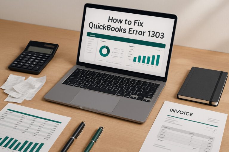 Accountant reviewing QuickBooks error 1303 message on a laptop in an office setting