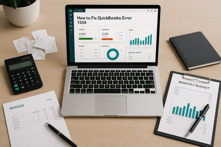 Accountant reviewing QuickBooks error 1334 message on a laptop screen with financial documents on the desk