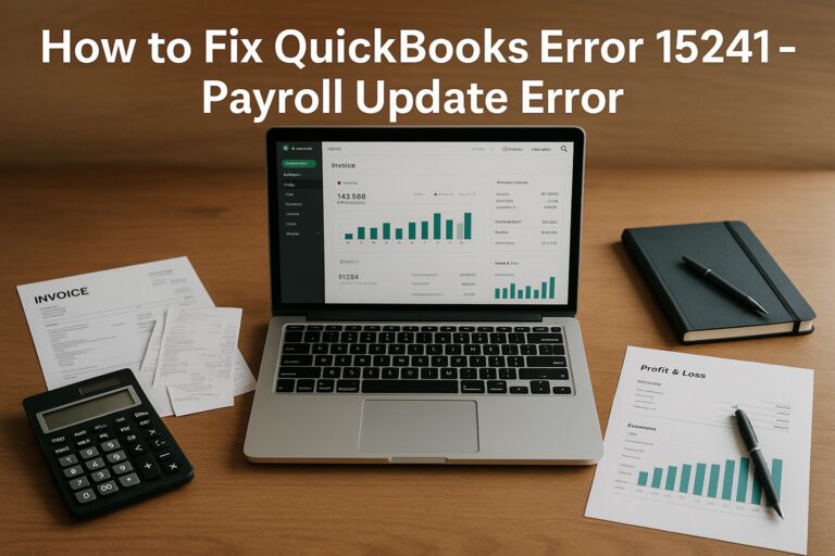 Accountant troubleshooting QuickBooks payroll update error 15241 on a computer screen with financial documents nearby