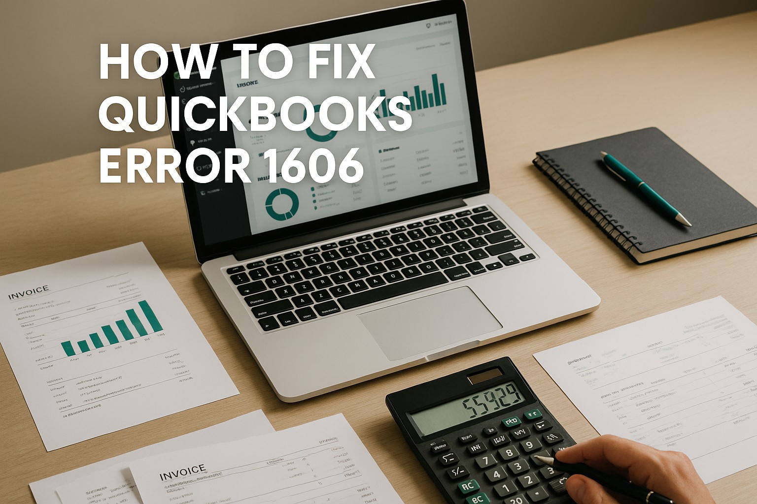 Accountant reviewing QuickBooks error message 1606 on a laptop with financial documents nearby