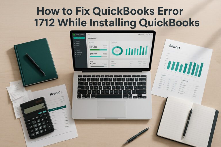 Accountant troubleshooting QuickBooks Error 1712 on a laptop with financial documents nearby