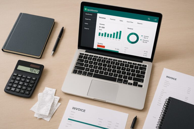 Accountant troubleshooting QuickBooks Error 17337 on a laptop with financial documents and QuickBooks software on screen.