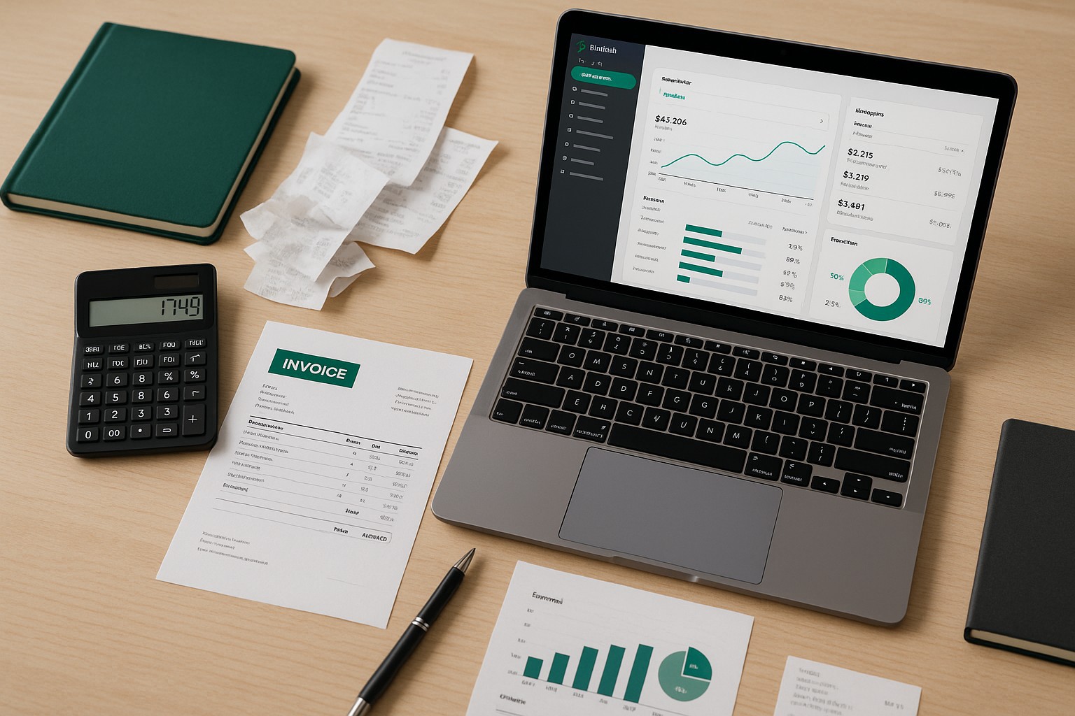 Accountant reviewing QuickBooks error code 1749 on a laptop with financial documents and calculator on desk