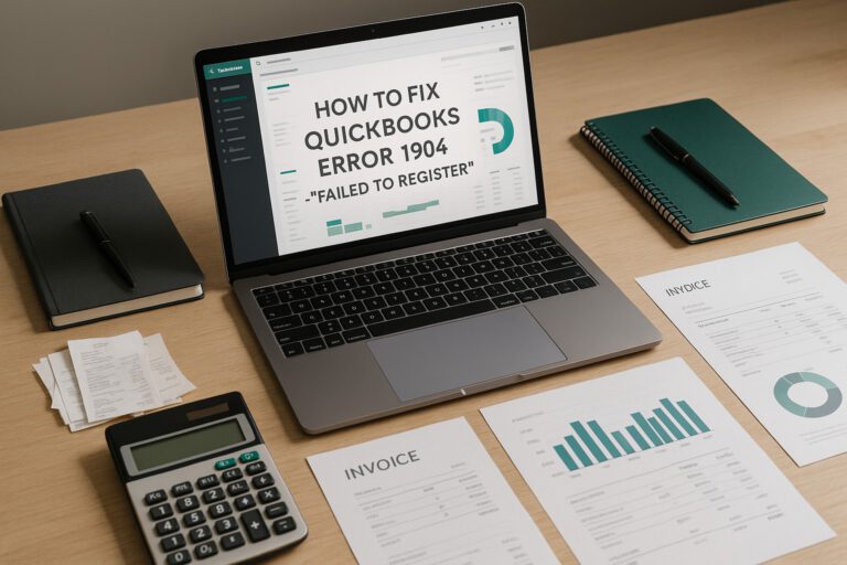 Accountant troubleshooting QuickBooks Error 1904 on a computer screen with error message displayed