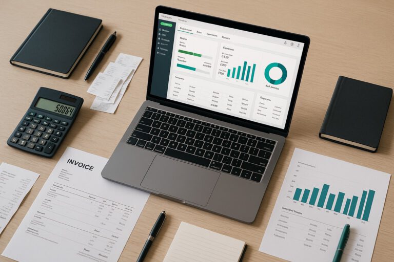 Accountant reviewing QuickBooks error 6073 on a laptop with financial documents on a desk