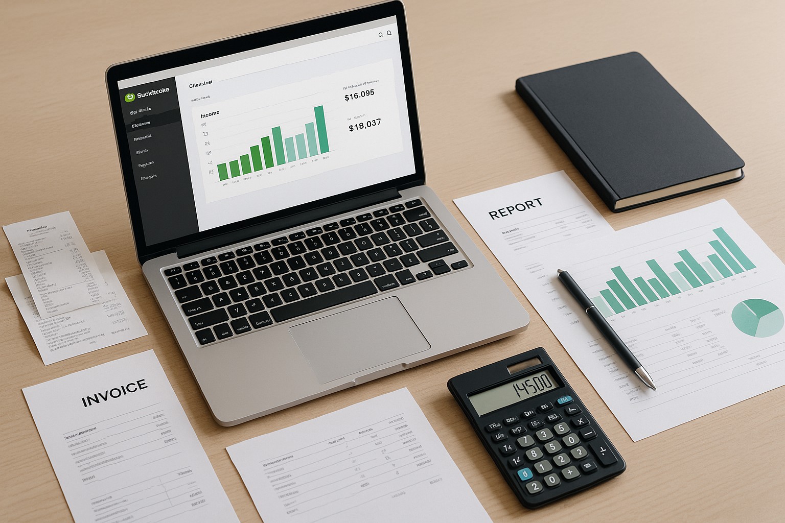 Accountant reviewing QuickBooks error 6147, 0 message on a laptop with financial documents on desk