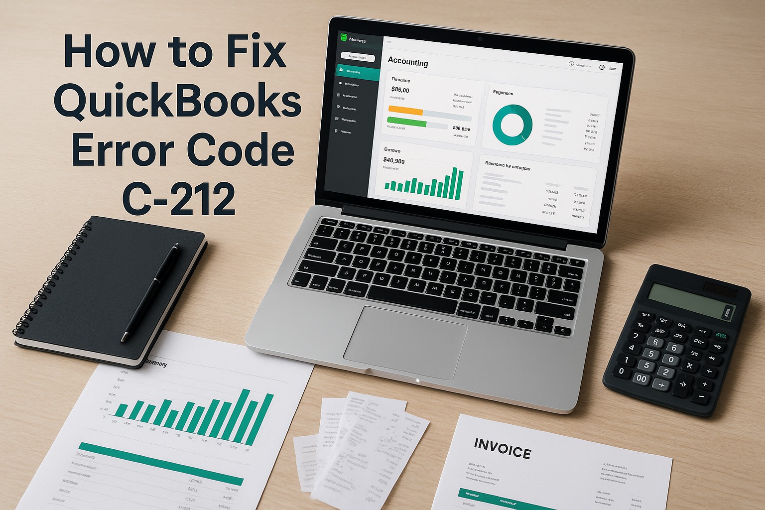 Accountant reviewing QuickBooks error code C-212 on a laptop with financial documents and a calculator on the desk