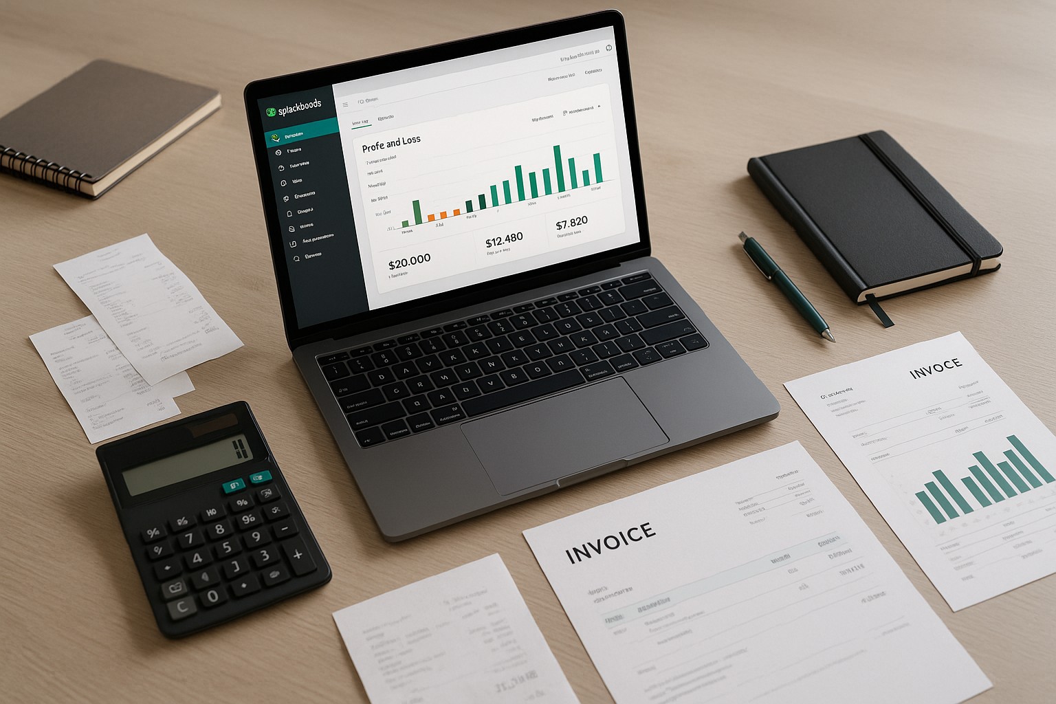 Accountant reviewing QuickBooks error message on a laptop in an office setting
