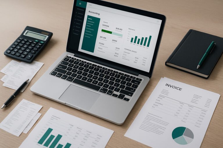 Small business owner troubleshooting QuickBooks file error on a laptop with accounting documents on desk