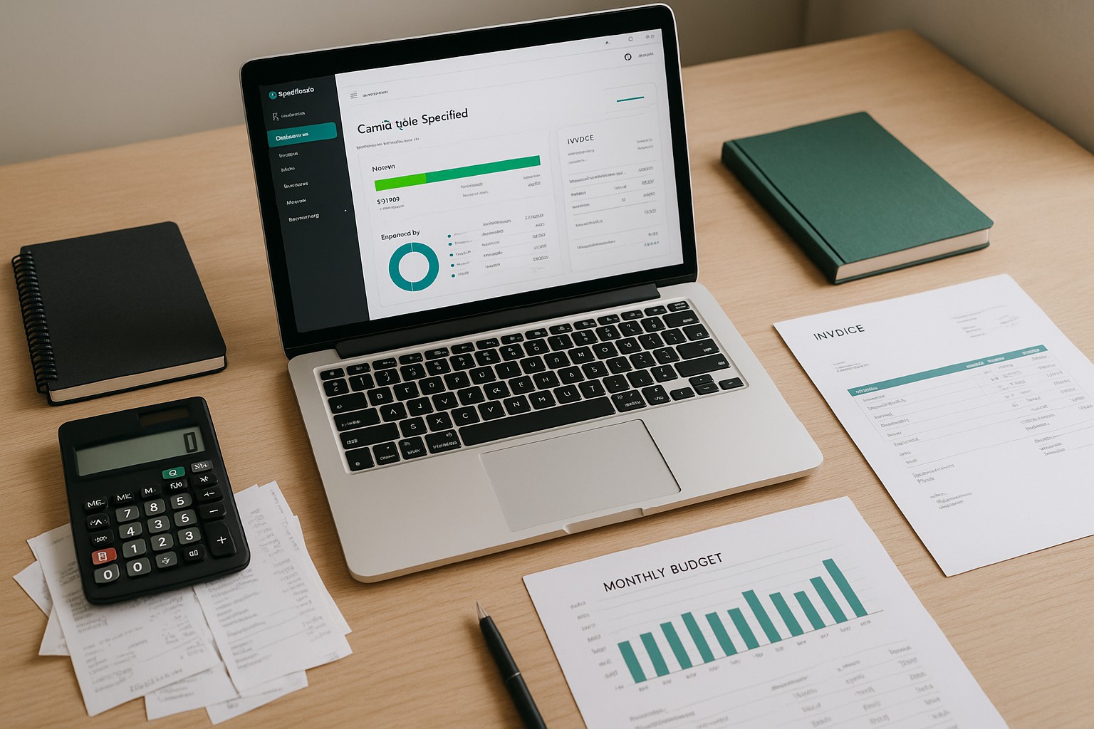 Small business owner troubleshooting QuickBooks error on a laptop with accounting documents on desk