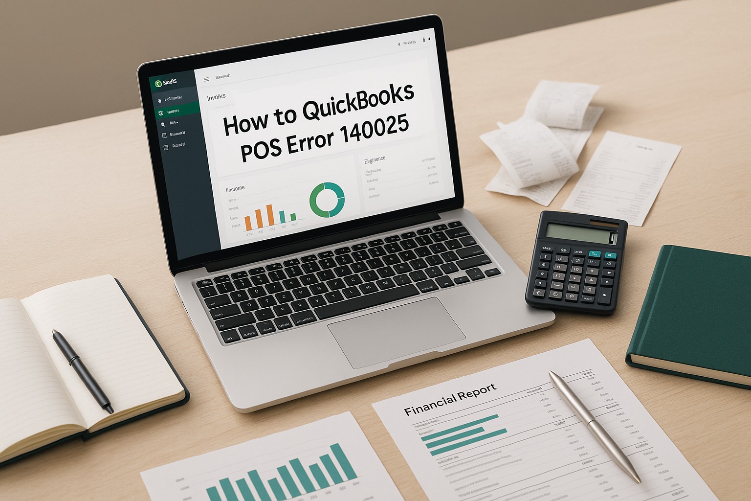 Accountant reviewing QuickBooks POS error 140025 on a computer screen with financial documents nearby