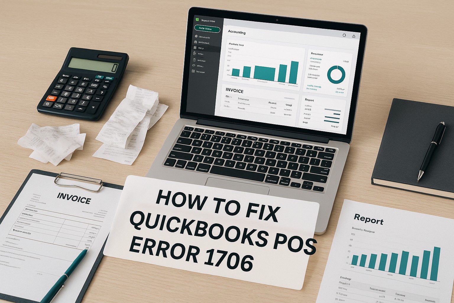 Accountant troubleshooting QuickBooks POS Error 1706 on a computer in an office setting