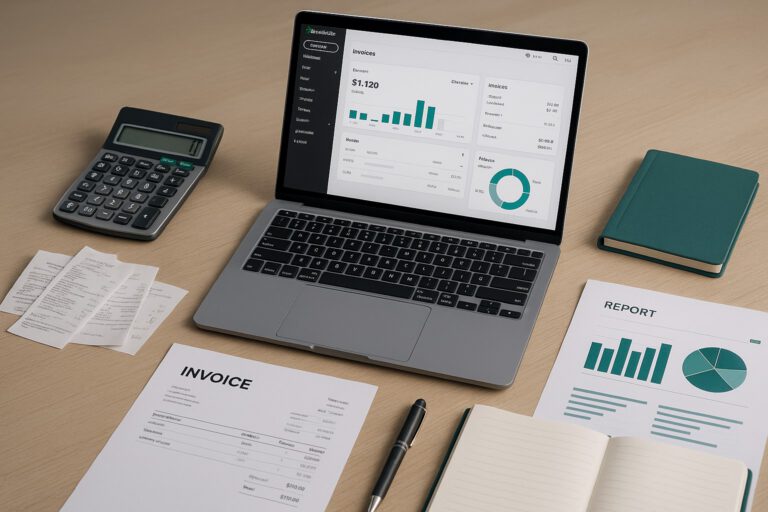 Accountant troubleshooting QuickBooks update error 1625 on a laptop with financial documents nearby