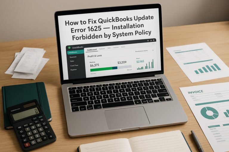Accountant troubleshooting QuickBooks Error 1625 on a laptop with error message on screen