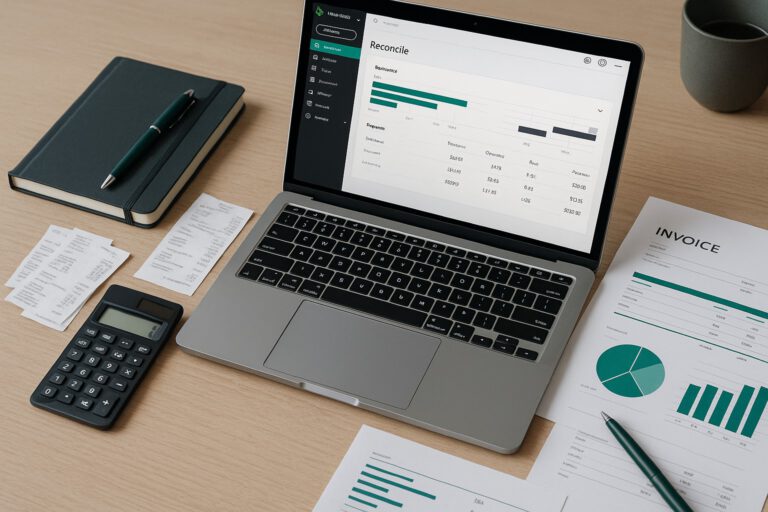 Accountant reviewing QuickBooks reconciliation report on a laptop with financial documents on desk