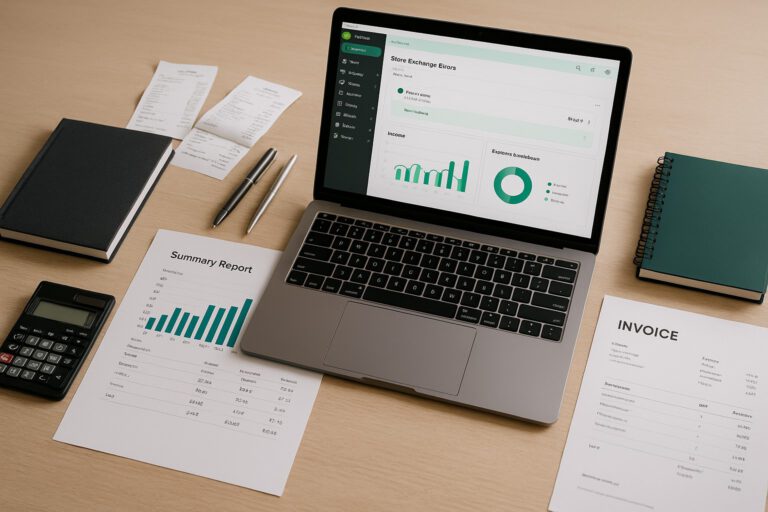 Accountant troubleshooting QuickBooks POS store exchange error on a laptop in a small business office.
