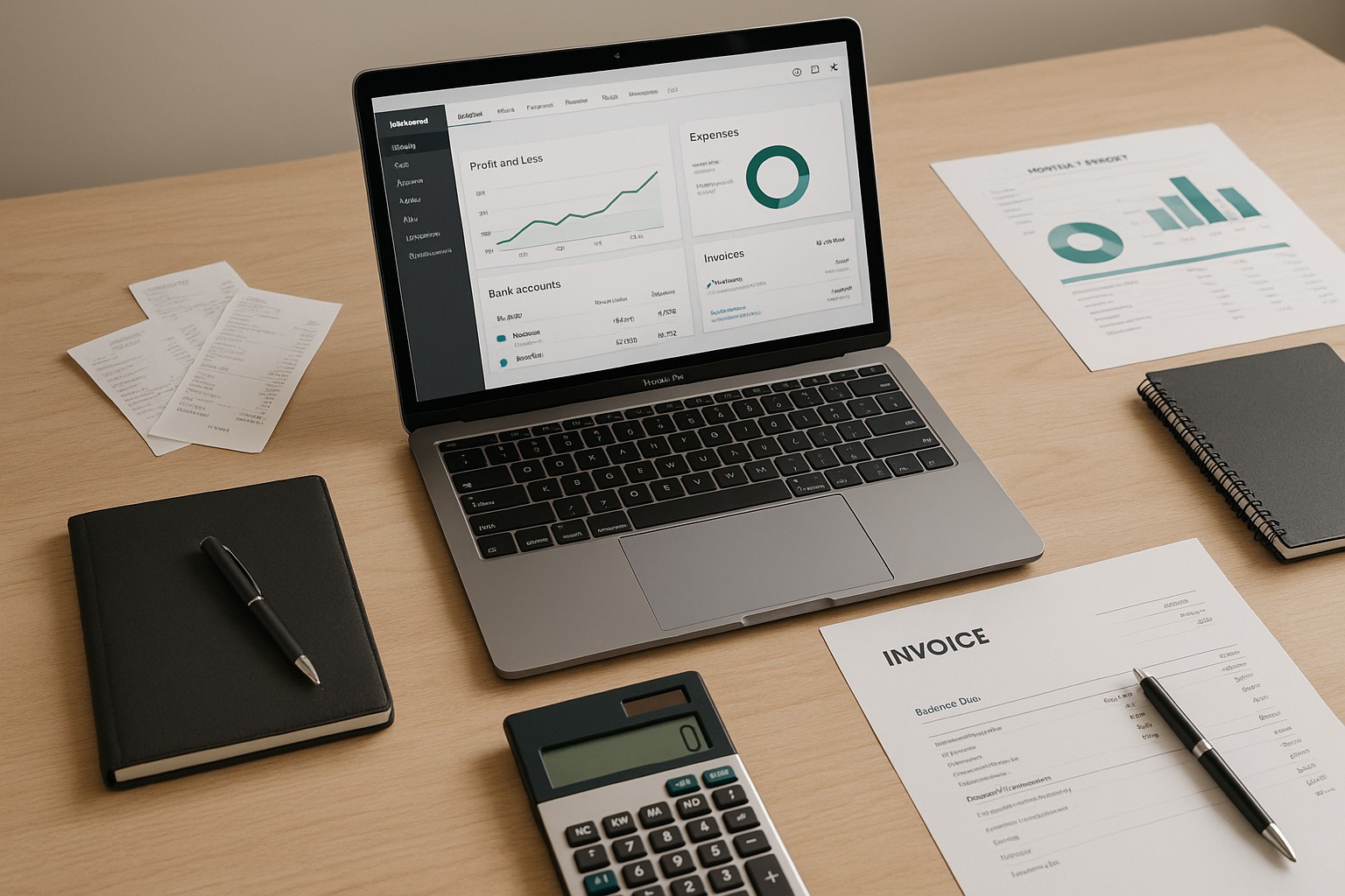 Accountant reviewing a bookkeeping engagement letter template on a laptop with QuickBooks open on the screen, surrounded by financial documents.