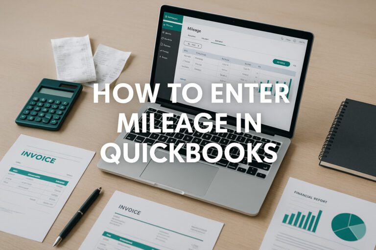 A business owner entering mileage data into QuickBooks on a laptop, with receipts and a calculator on the desk.