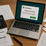 Accountant at desk troubleshooting QuickBooks registration error on computer