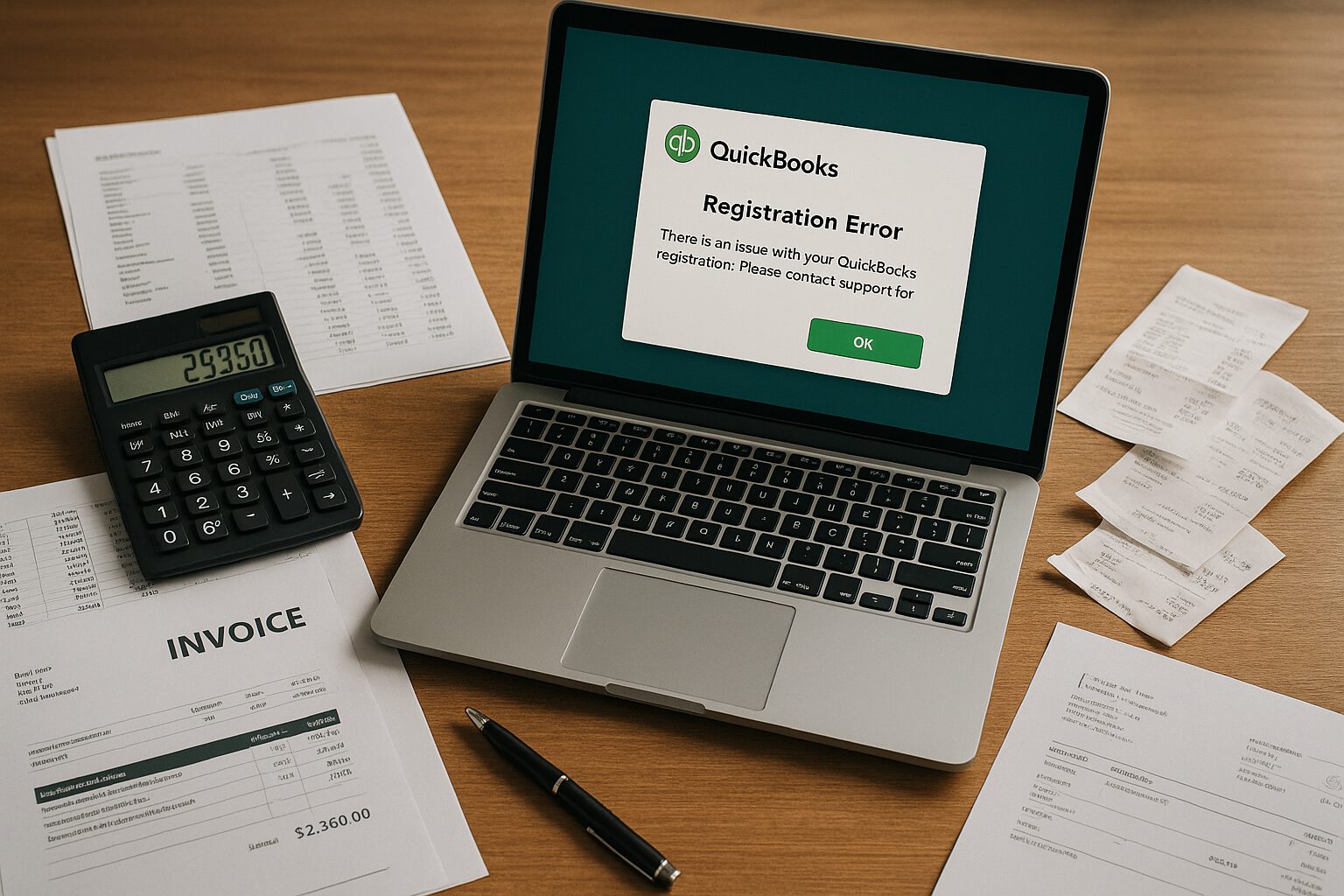 Accountant at desk troubleshooting QuickBooks registration error on computer