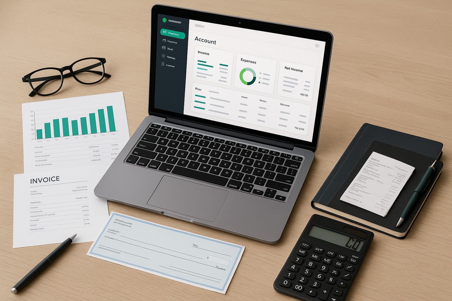 Accountant reprinting checks and paychecks on a computer using QuickBooks software in a small business office.