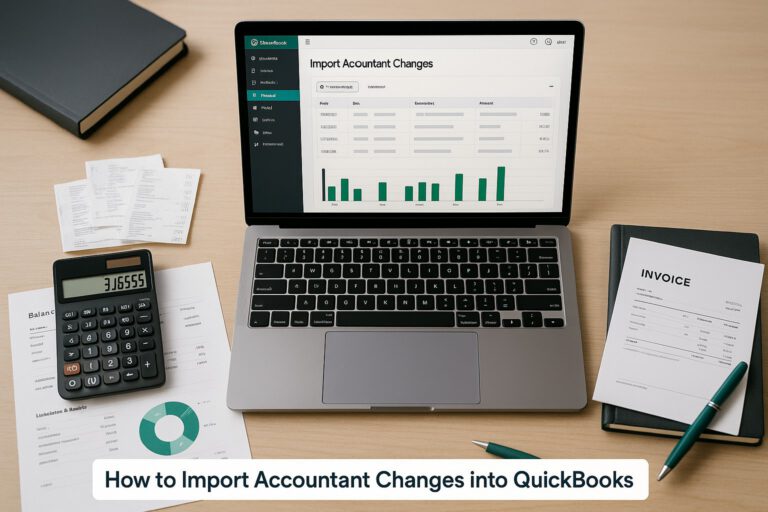 Accountant reviewing financial data and importing changes into QuickBooks on a laptop in a small business office.