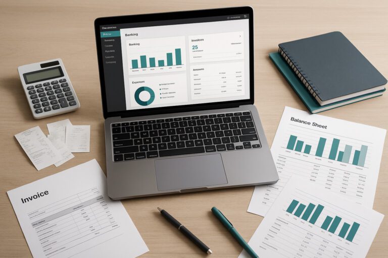 Accountant importing account data with open balances into QuickBooks Online on a laptop, surrounded by financial documents.