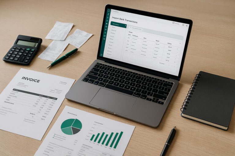 A laptop displaying QuickBooks Online with bank transaction data being imported, surrounded by accounting documents and a calculator.
