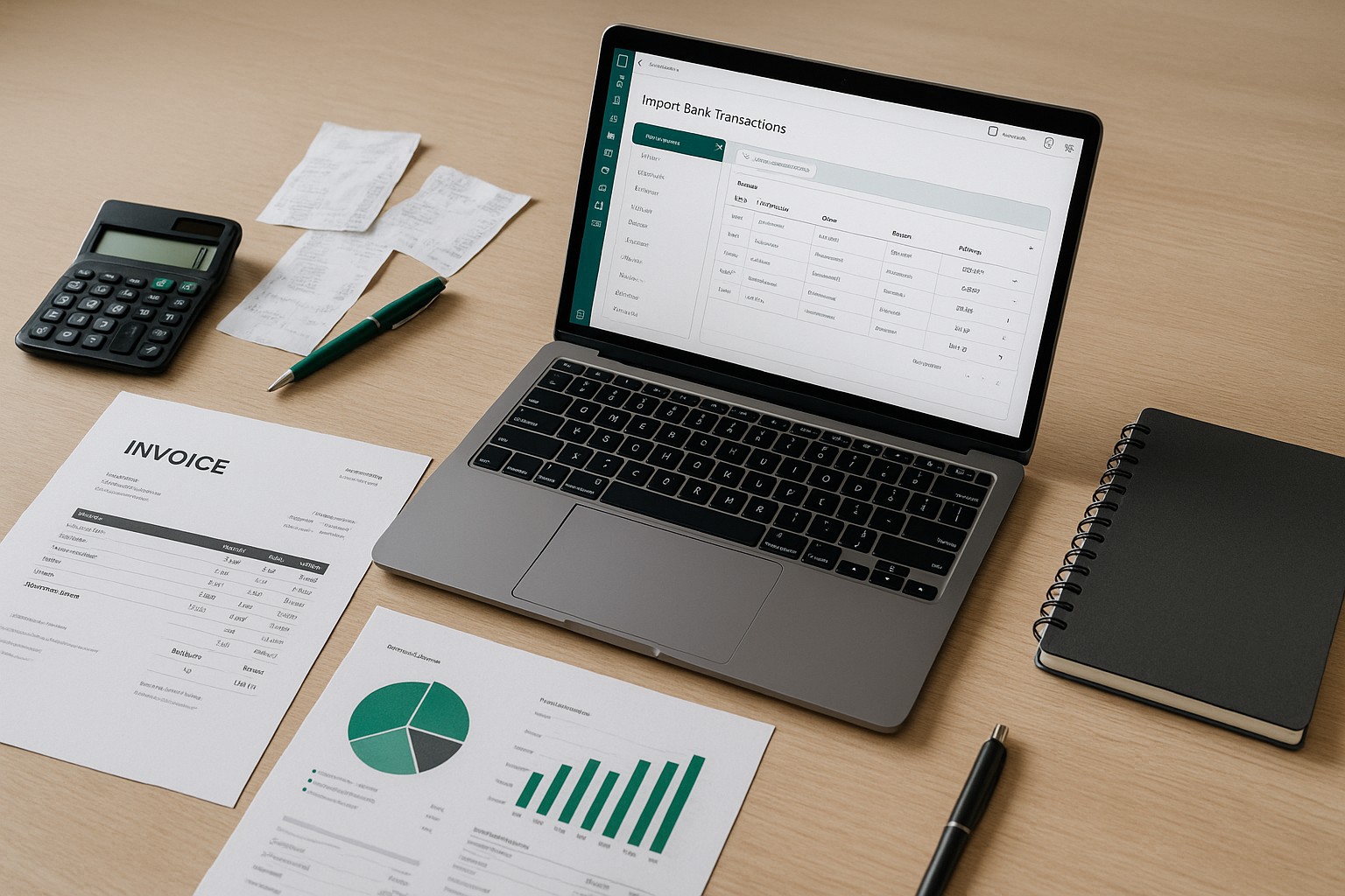 A laptop displaying QuickBooks Online with bank transaction data being imported, surrounded by accounting documents and a calculator.
