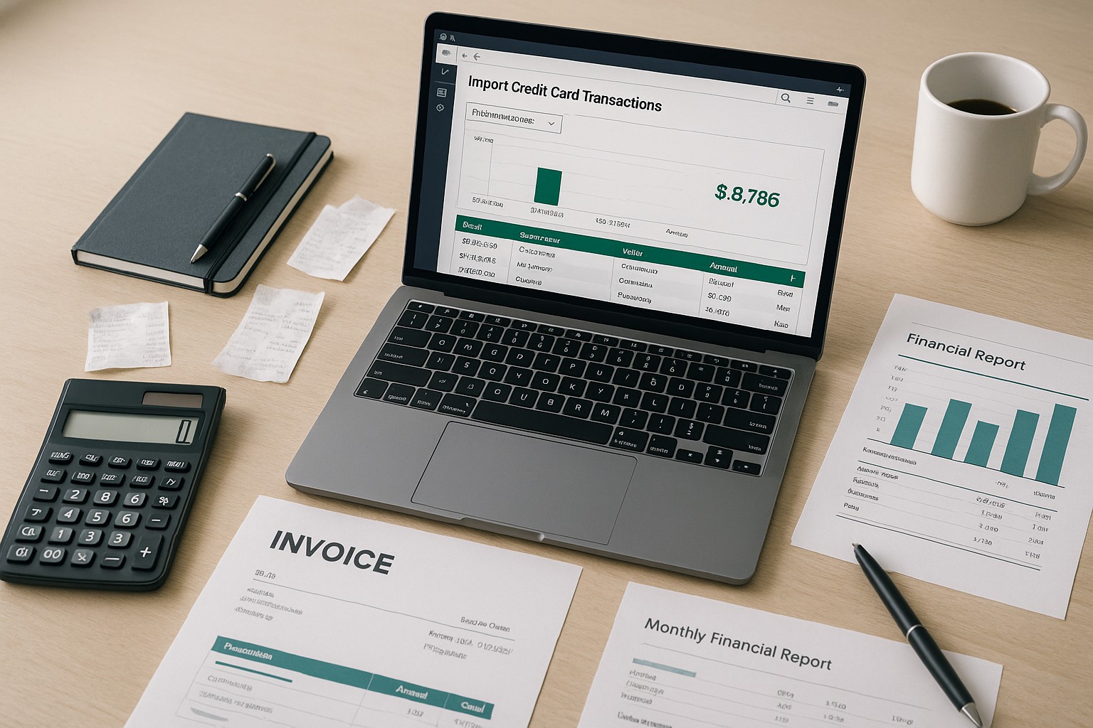 Accountant importing credit card transactions into QuickBooks Desktop on a computer, surrounded by financial documents and credit cards.