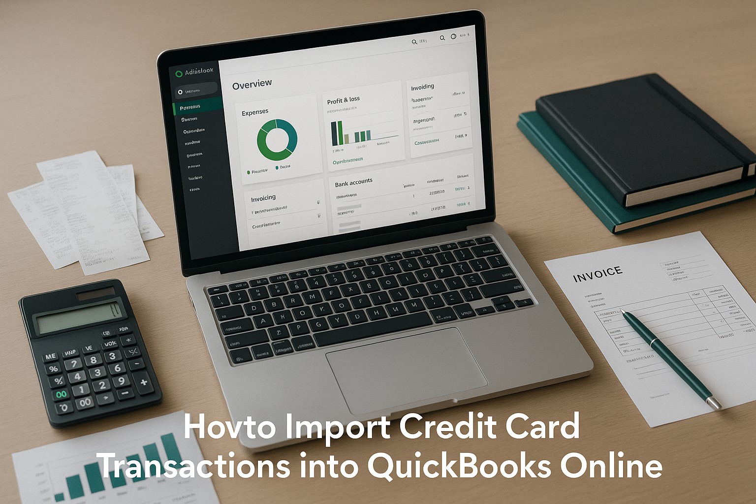 A small business owner imports credit card transactions on a laptop using QuickBooks Online, with financial documents and credit cards on the desk.