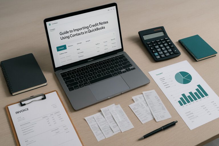 Accountant importing credit notes into QuickBooks using contact information on a laptop, with financial documents and QuickBooks dashboard visible.