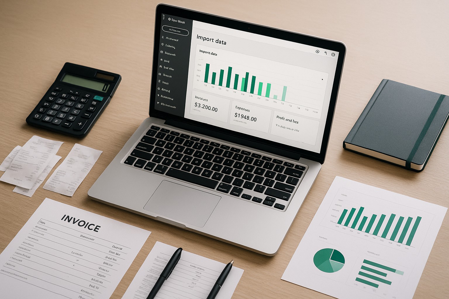 Accountant importing CSV and Excel spreadsheets into QuickBooks Online on a laptop, surrounded by bookkeeping documents.