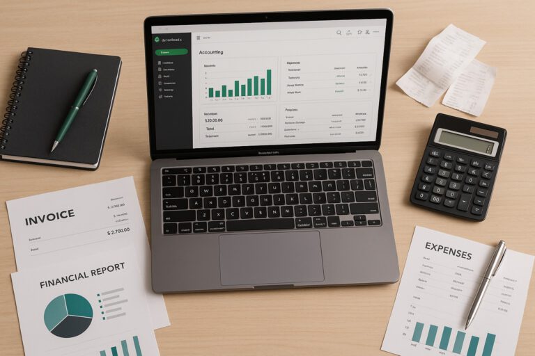 Business owner importing a CSV file into QuickBooks Online on a laptop, with bookkeeping documents nearby.