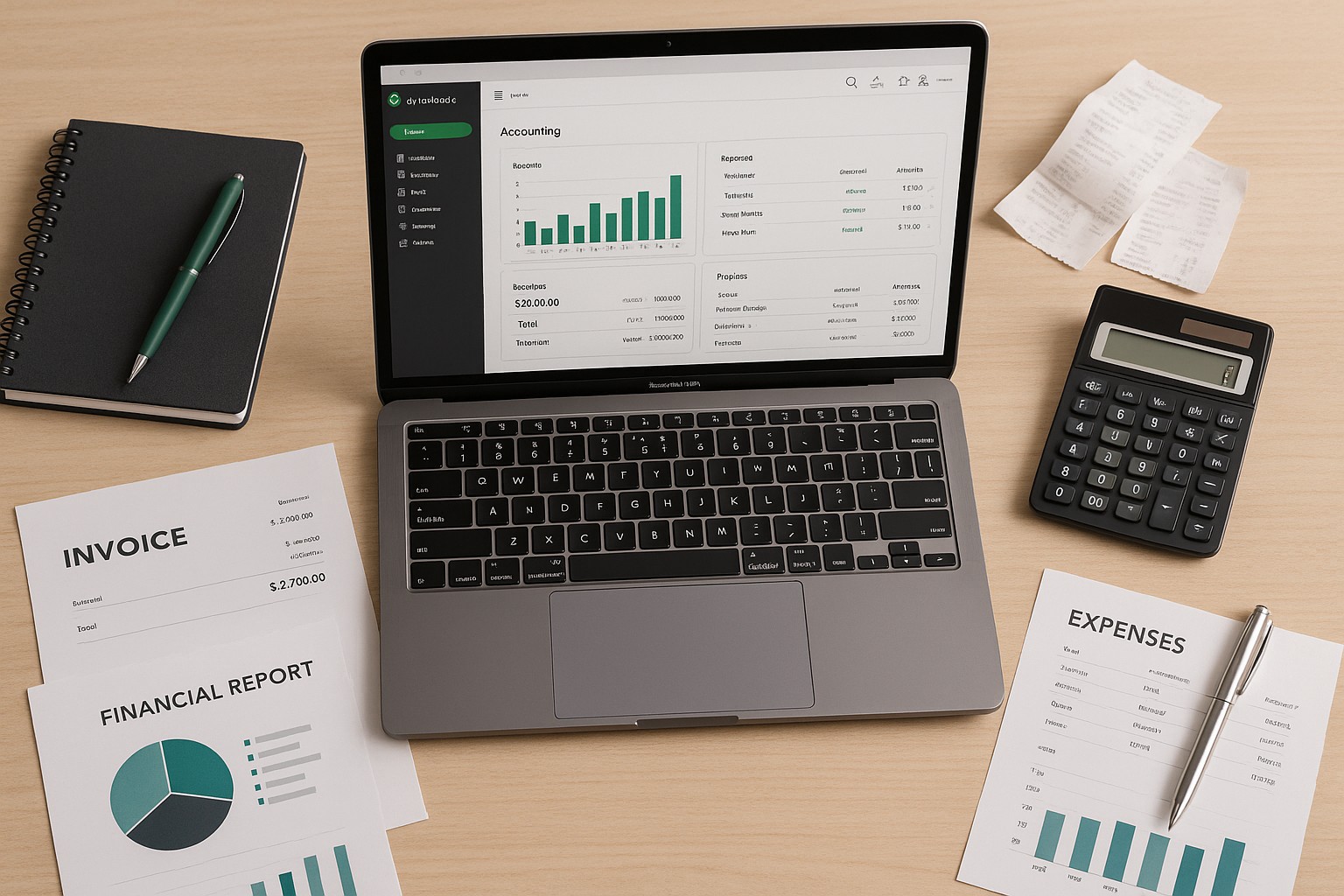 Business owner importing a CSV file into QuickBooks Online on a laptop, with bookkeeping documents nearby.