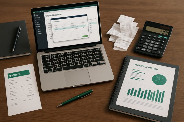 Business owner importing customer data into QuickBooks Desktop on a computer, with spreadsheets and accounting documents on the desk.