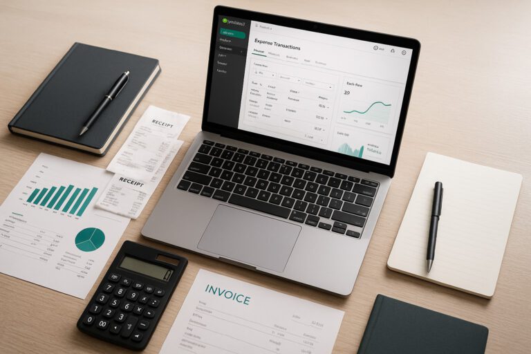 Accountant entering employee expense reimbursements into QuickBooks Online on a laptop with financial documents nearby.