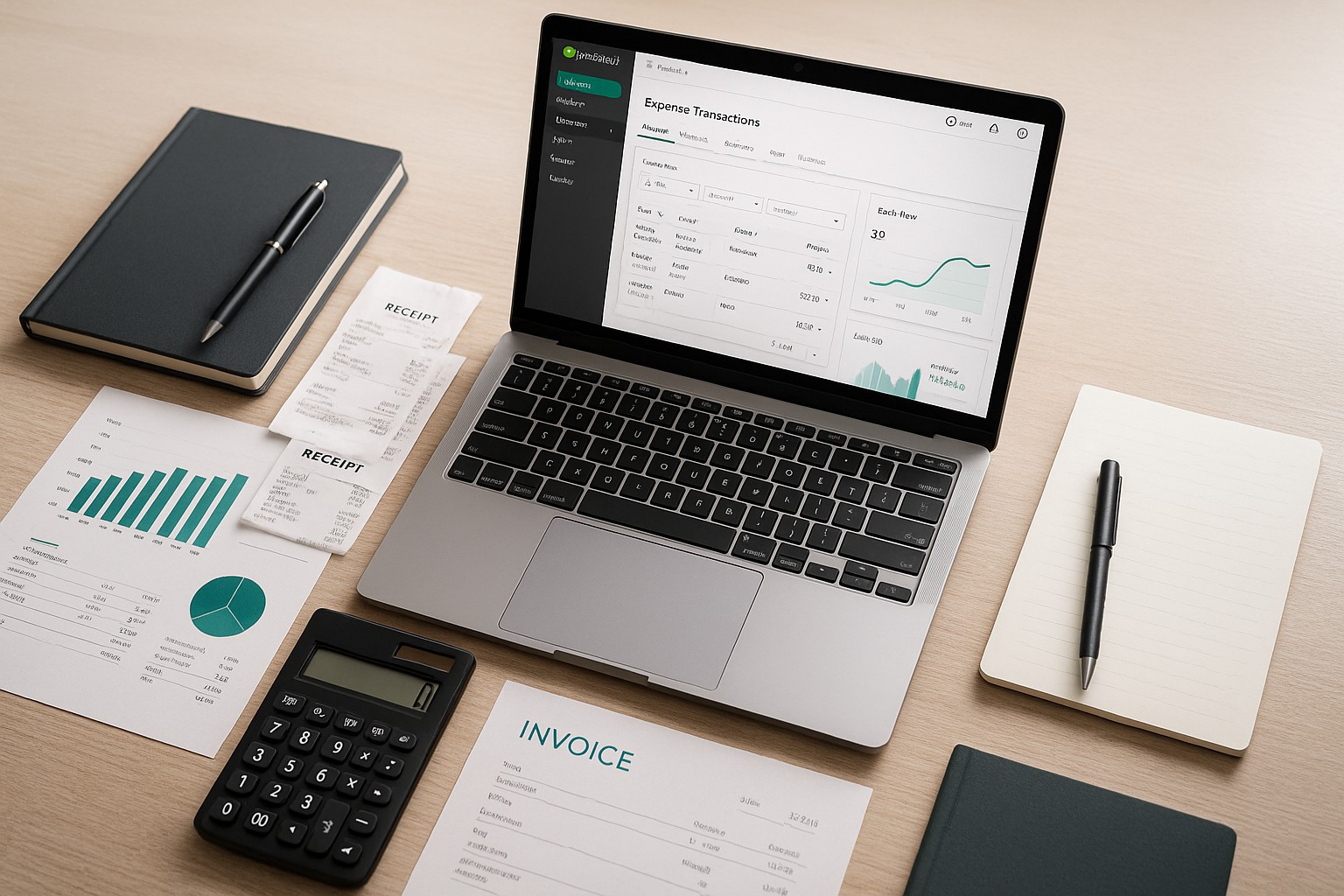 Accountant entering employee expense reimbursements into QuickBooks Online on a laptop with financial documents nearby.