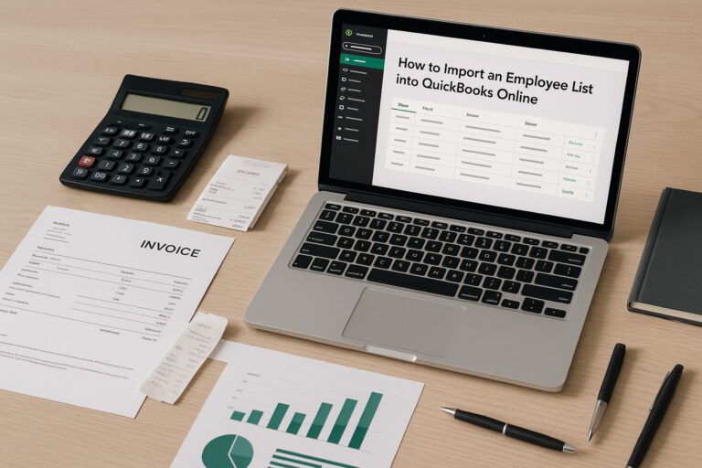 A business owner uploads an employee list spreadsheet into QuickBooks Online on a laptop, with accounting documents and a calculator nearby.