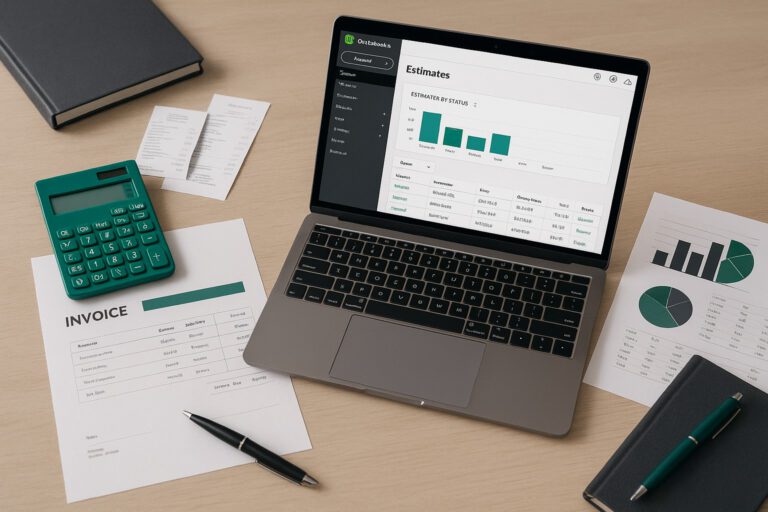 A business owner using a laptop to import estimate data into QuickBooks Online, with spreadsheets and accounting documents on the desk.