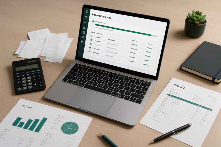 Accountant importing expense data into QuickBooks on a laptop with financial documents and spreadsheets on the desk.