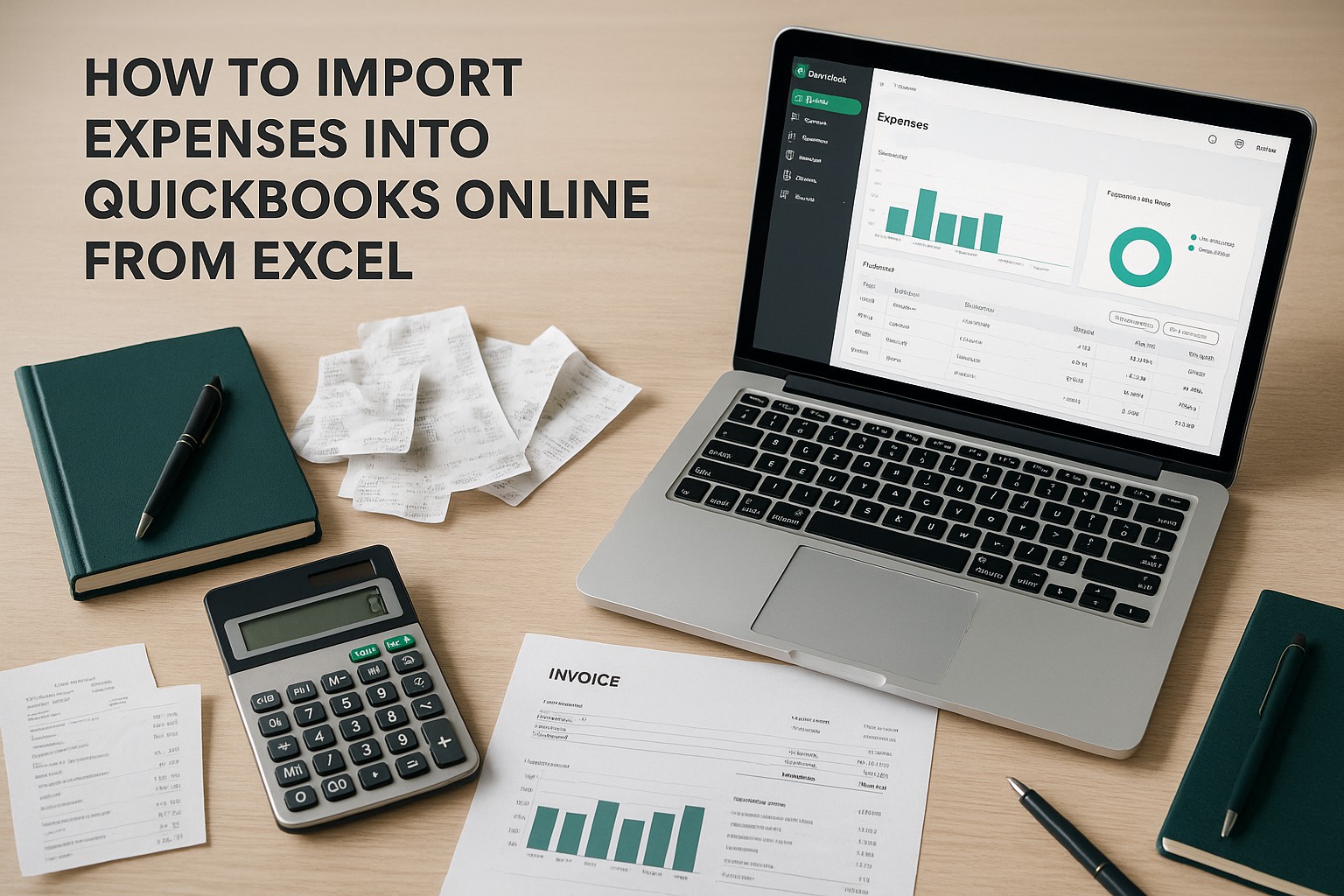 Accountant uploading expense data from Excel into QuickBooks Online on a laptop, with spreadsheets and financial documents on the desk.