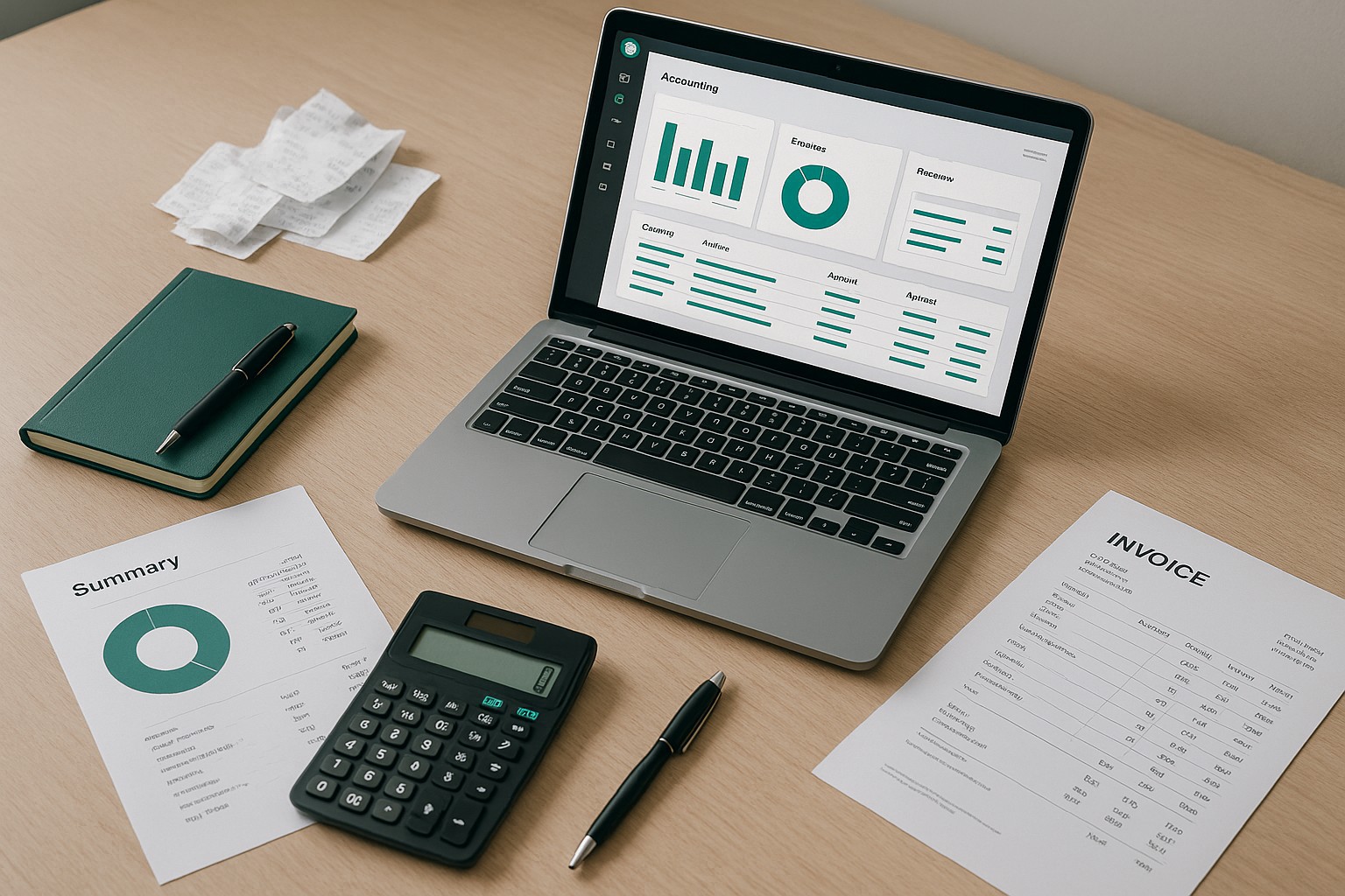 Accountant using QuickBooks on a laptop, reviewing Excel spreadsheets for data import and export in a small business office.