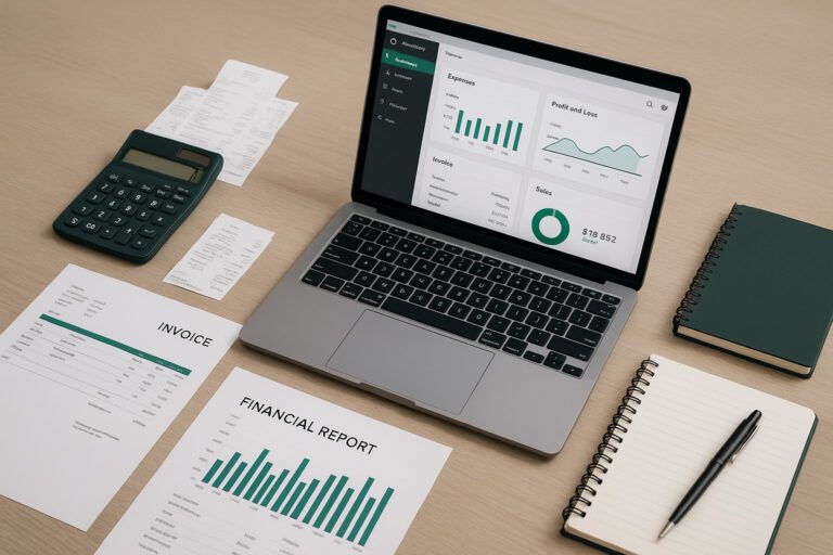 Accountant using QuickBooks on a laptop with Excel spreadsheets open, managing business finances.