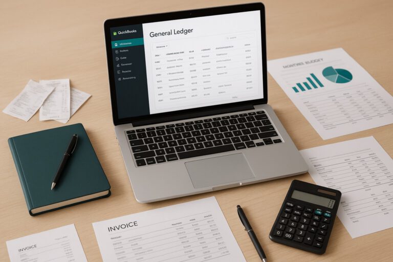 Accountant importing a general ledger spreadsheet into QuickBooks on a laptop in a small business office.