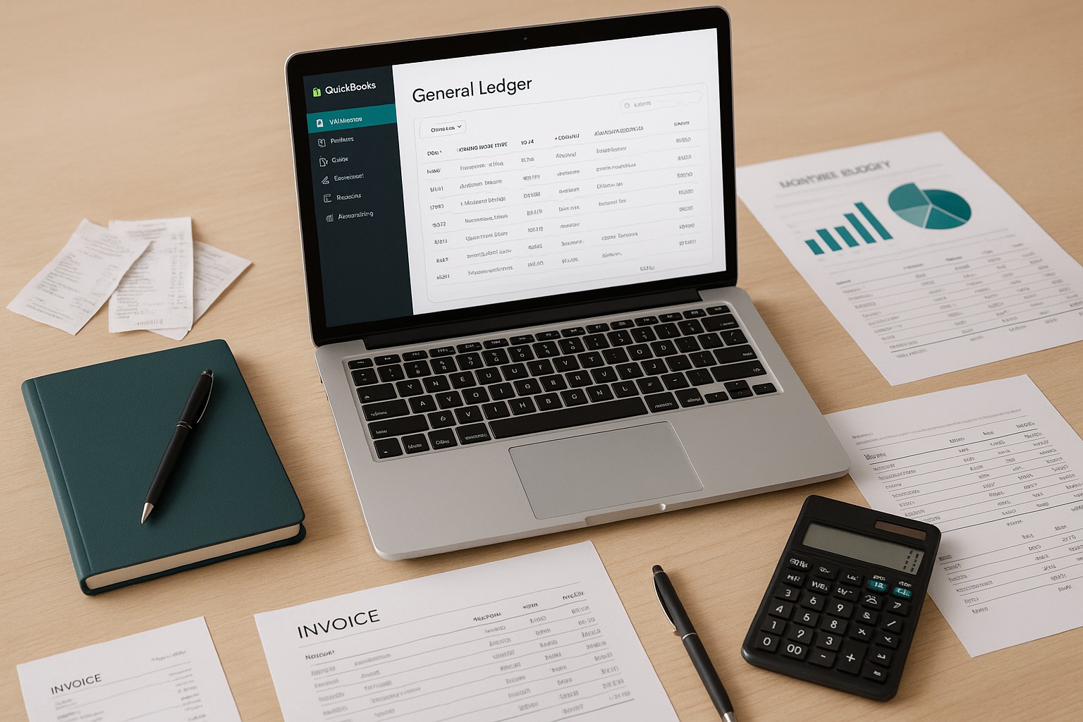 Accountant importing a general ledger spreadsheet into QuickBooks on a laptop in a small business office.