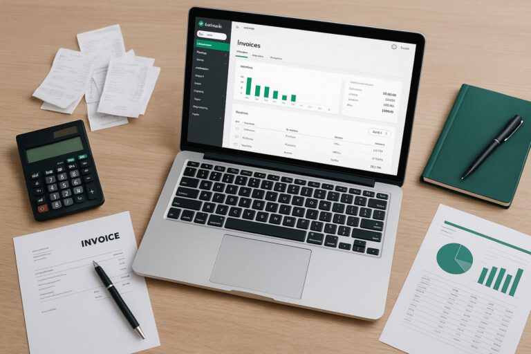 A small business owner imports invoices from an Excel sheet into QuickBooks Online on a laptop, with accounting documents and spreadsheets visible.